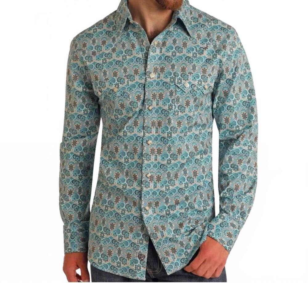 NEW ROCK & ROLL COWBOY medallion print western shirt in turquoise